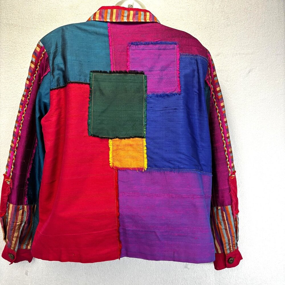 Coldwater Creek Patchwork Silk Blend Jacket Womens Large L Colorful Boho Hippie - Picture 2 of 16
